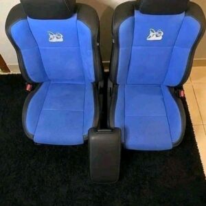 Dodge Challenger scatpack blue seats and door panels.
