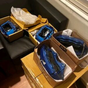 GSF brake calipers (blue) OEM GSF brake rotors (slotted) Project mu brake pads.